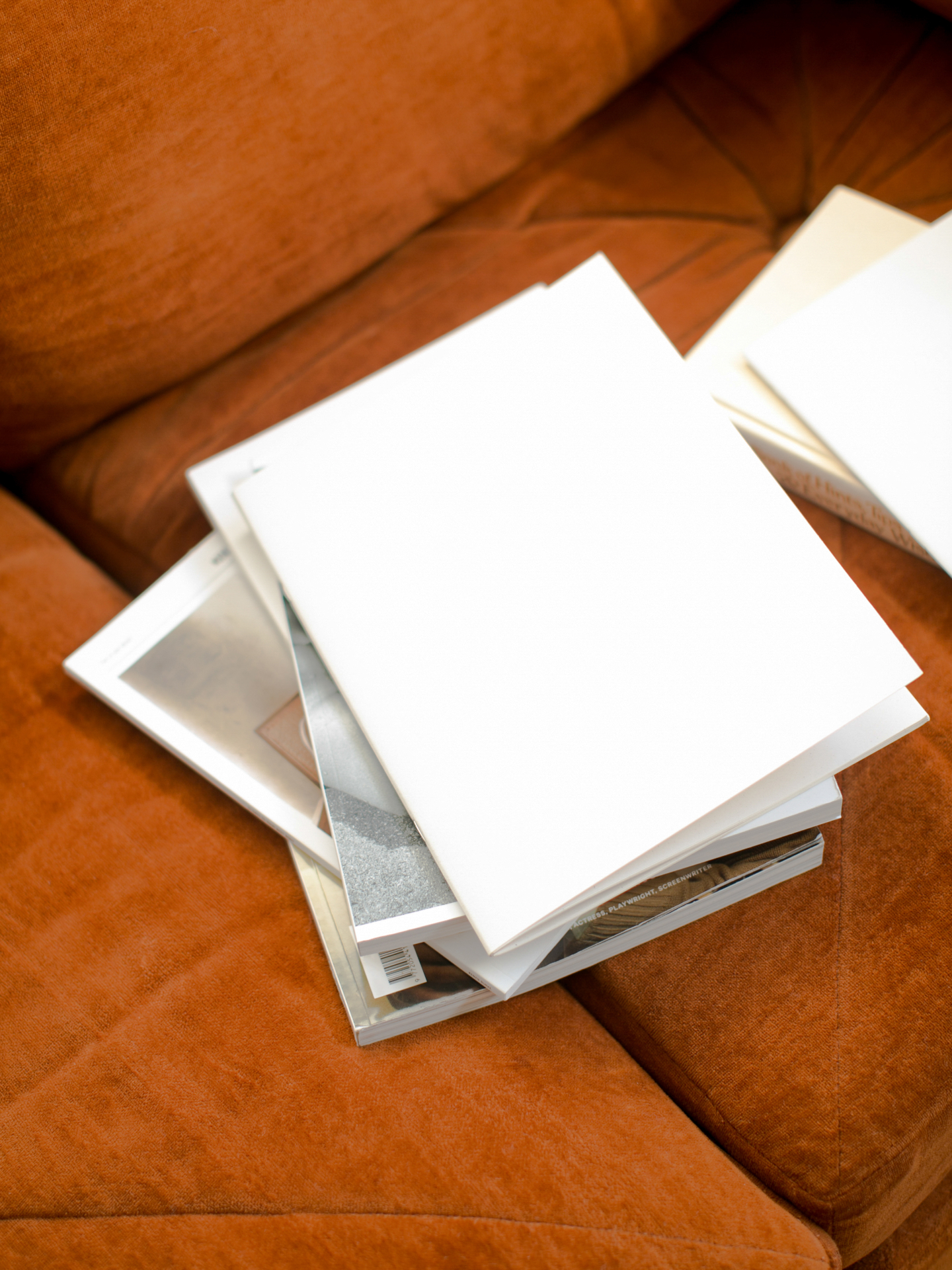 Stack of books on a velvet couch